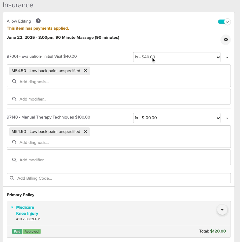 A short video of what it looks like to update the multiple for a billing code